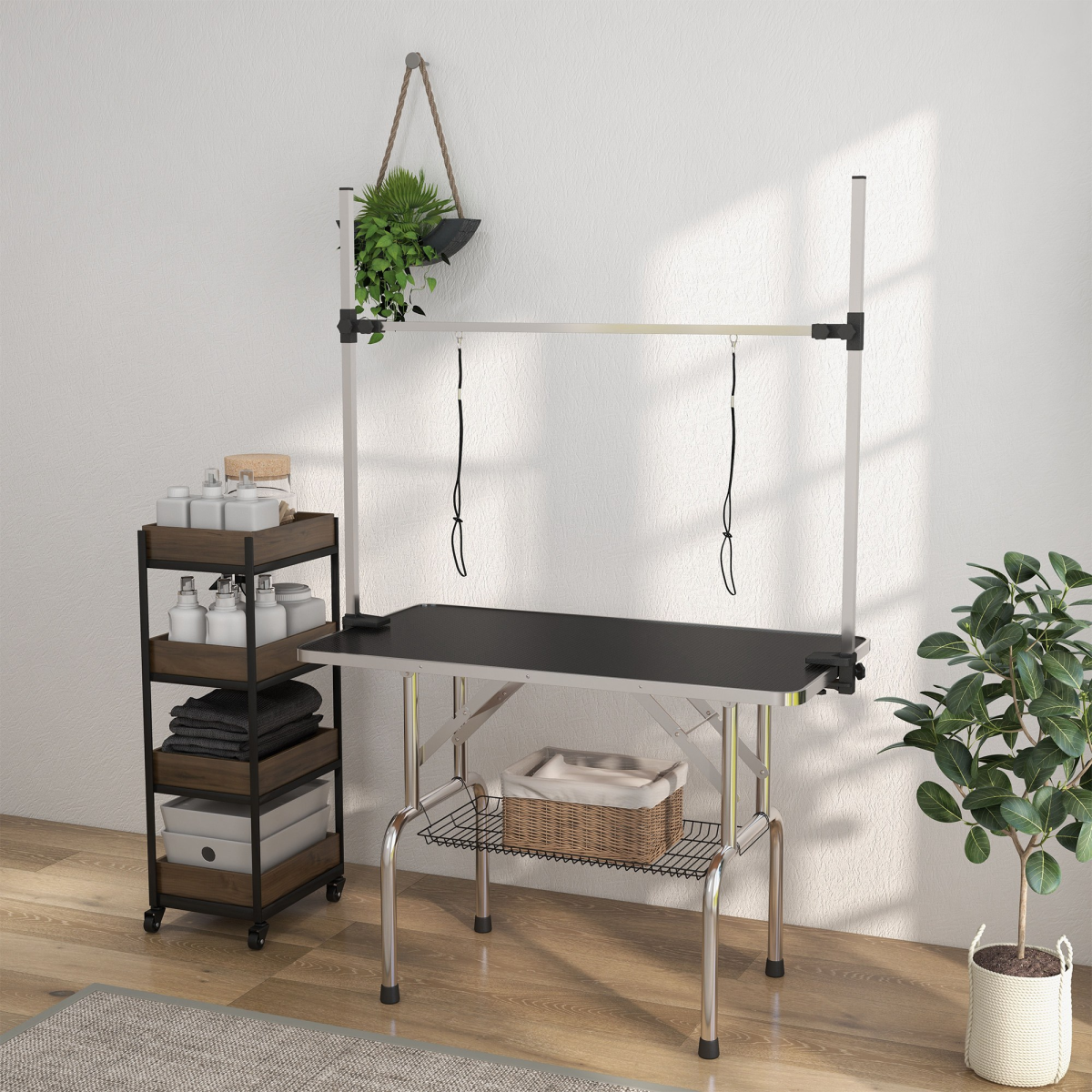 Pawhut Adjustable Dog Grooming Table with Two Safety Slings and Mesh Basket – Foldable Metal Frame, Black