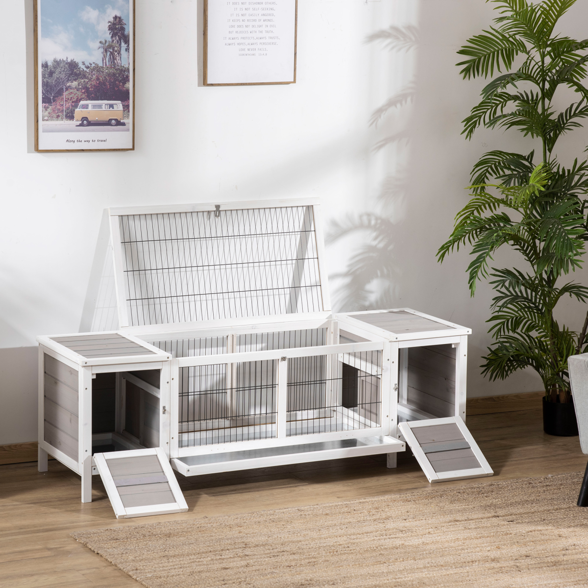 PawHut Indoor Rabbit Hutch with Separable Rooms and Slide-Out Tray – Guinea Pig Cage & Bunny Run, Grey