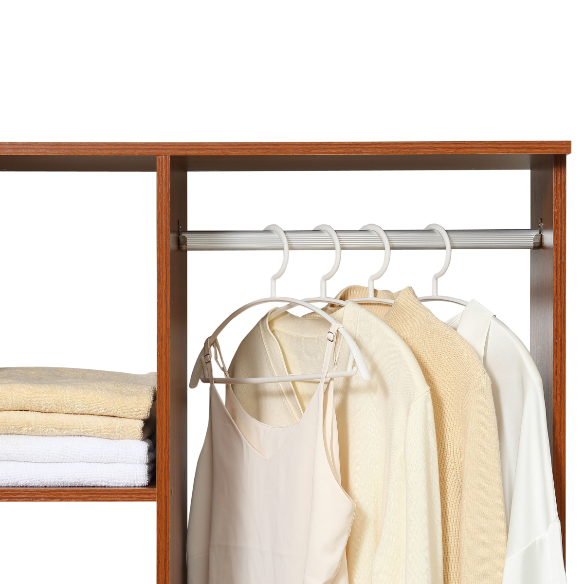 HOMCOM Open Wardrobe with Hanging Rail, 3 Cubbies and Wheels – Mobile Bedroom Storage, Walnut
