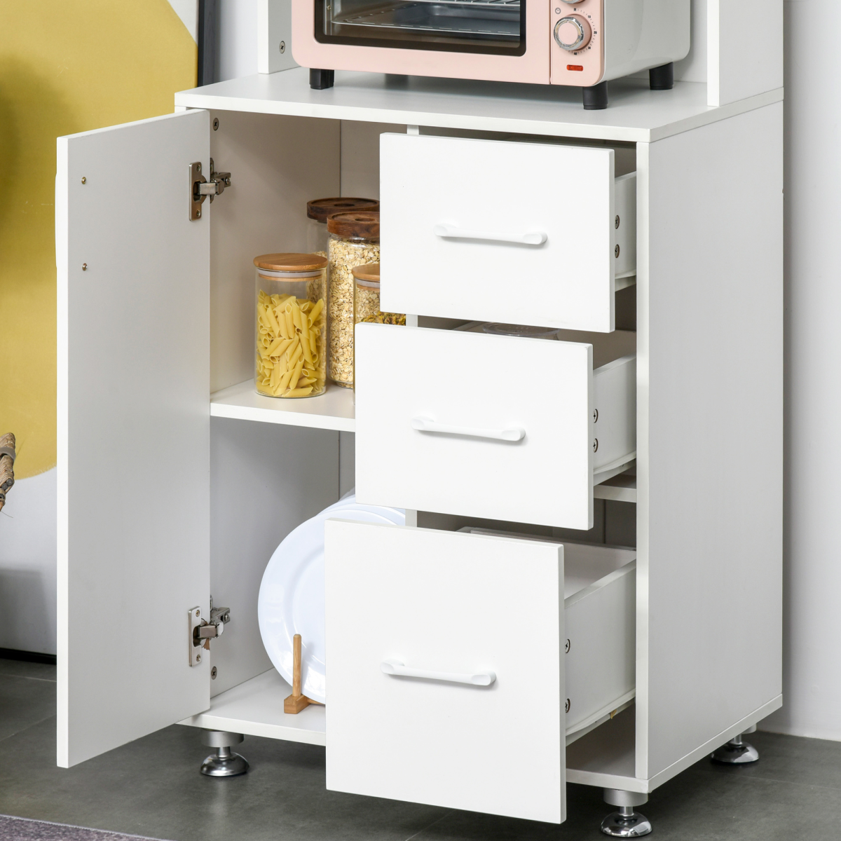 HOMCOM Kitchen Buffet with 2 Cabinets, 3 Drawers and Microwave Rack – 60x40x150cm Storage Cupboard, White