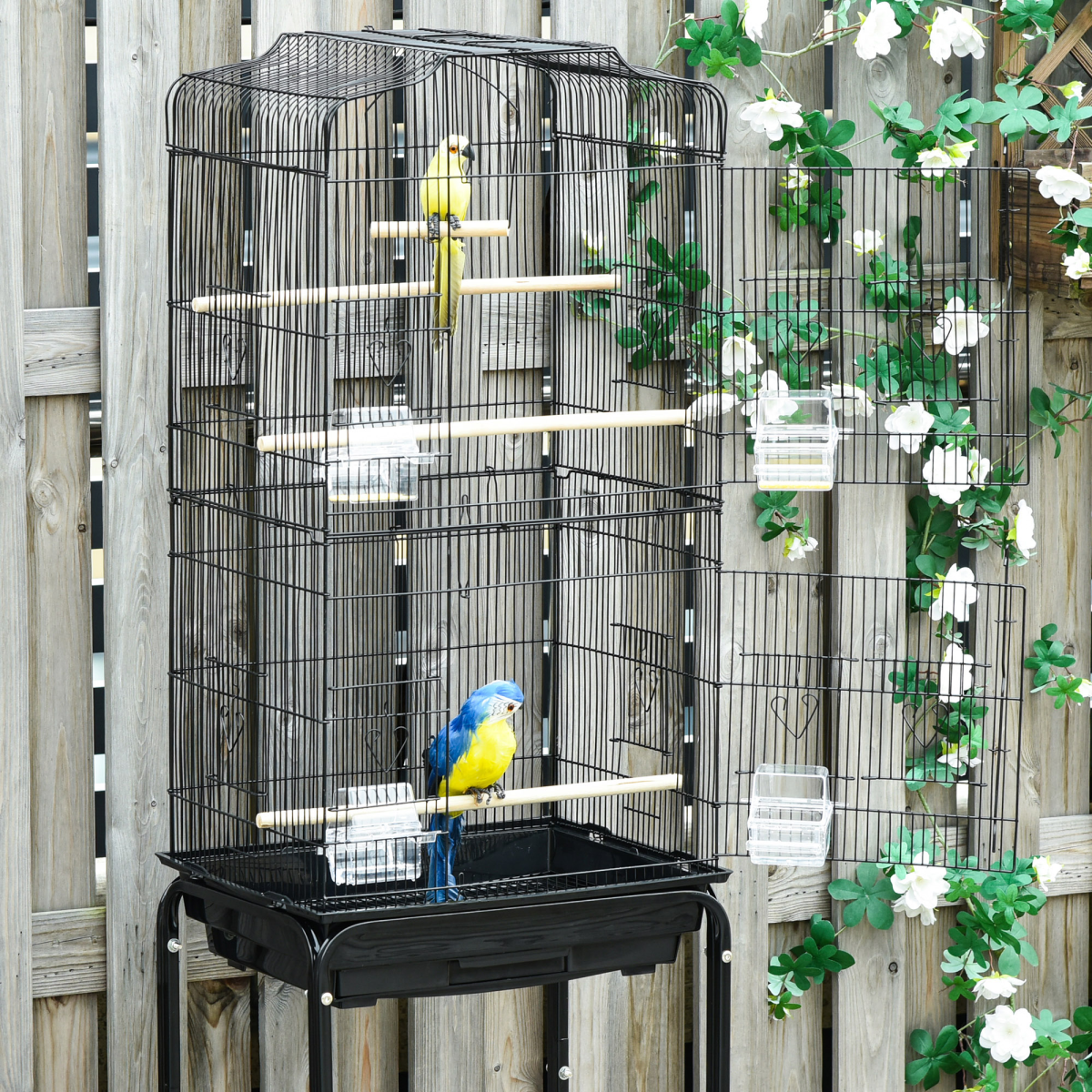 Pawhut Metal Budgie Bird Cage with Rolling Stand, Slide-out Tray and Storage Basket – Small Bird Cage, Black