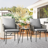 Outsunny 3-Piece Rattan Bistro Set with 2 Cushioned Chairs & Round Metal-Top Table – Balcony Furniture, Grey