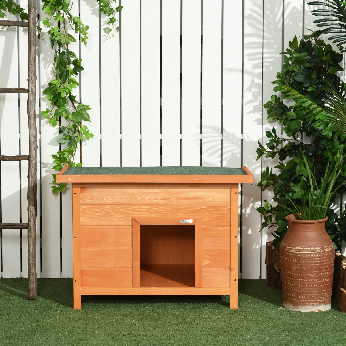 PawHut 82cm Wooden Dog Kennel with Opening Roof – Waterproof Outdoor Garden Shelter for X-Small Dogs