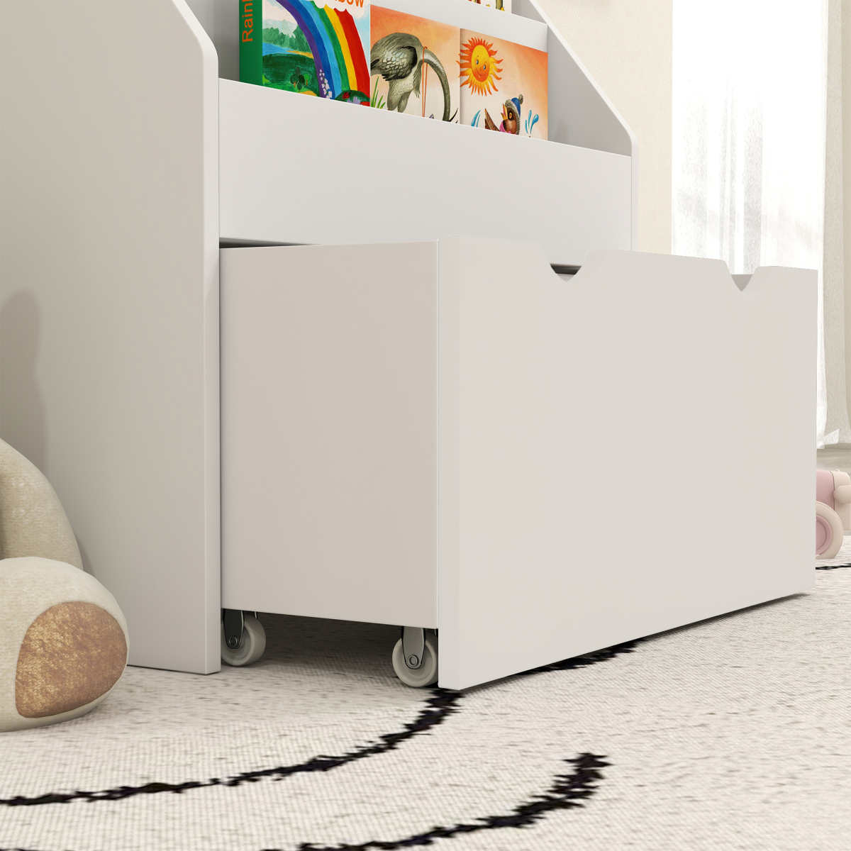 AIYAPLAY Kids Bookcase with 3 Tier Shelves & Wheeled Drawer – Toy Storage for Bedroom & Nursery, White