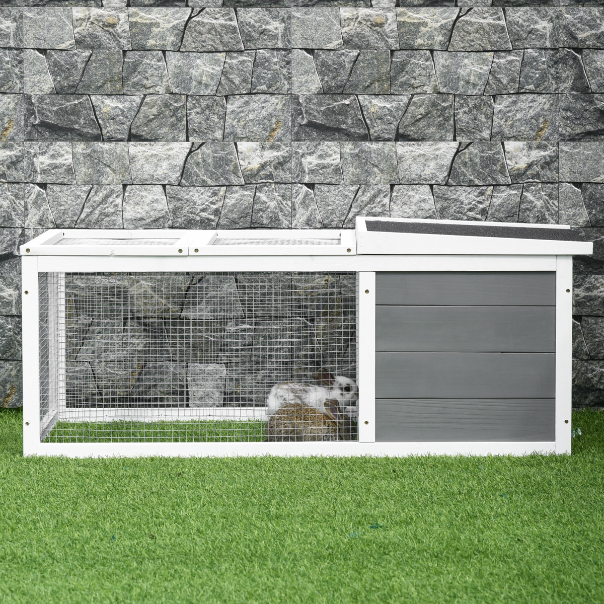 Pawhut Rabbit Hutch with Run Cover & Water-Resistant Asphalt Roof – Indoor & Outdoor Small Animal Cage