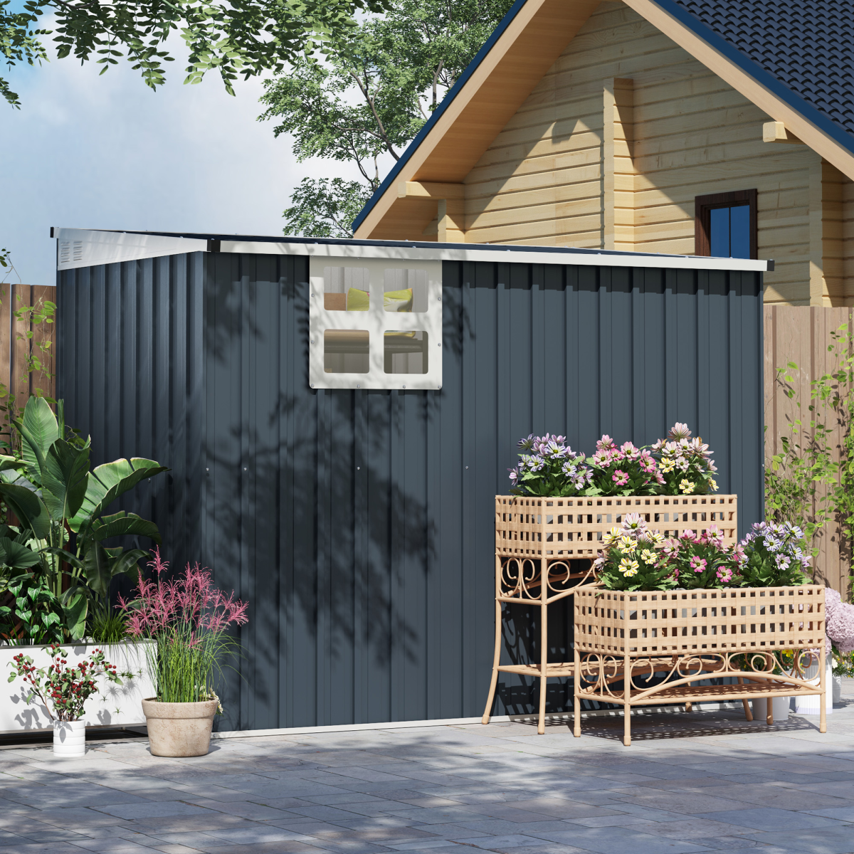 Outsunny 7.6x4ft Galvanised Steel Garden Storage Shed with Window, Vents & Lockable Door, Dark Grey