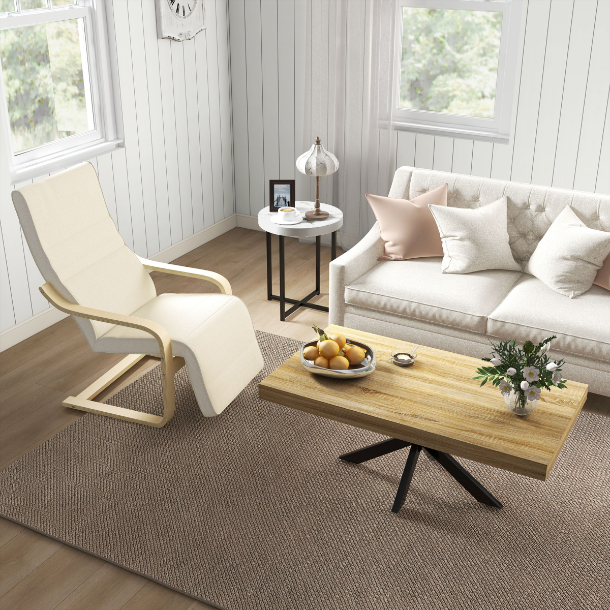 HOMCOM Lounge Armchair with 5-Level Adjustable Footrest and Padded Seat – Wooden Frame, Cream White