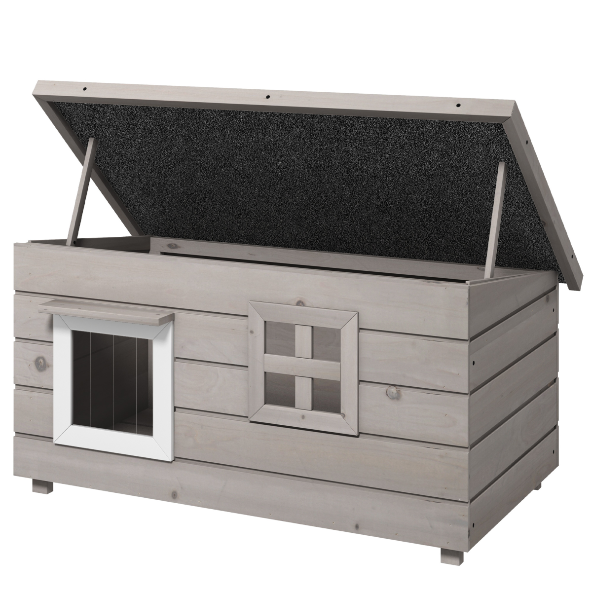 PawHut Wooden Cat House for Outdoors with Openable Asphalt Roof & Window – Elevated Shelter, Grey