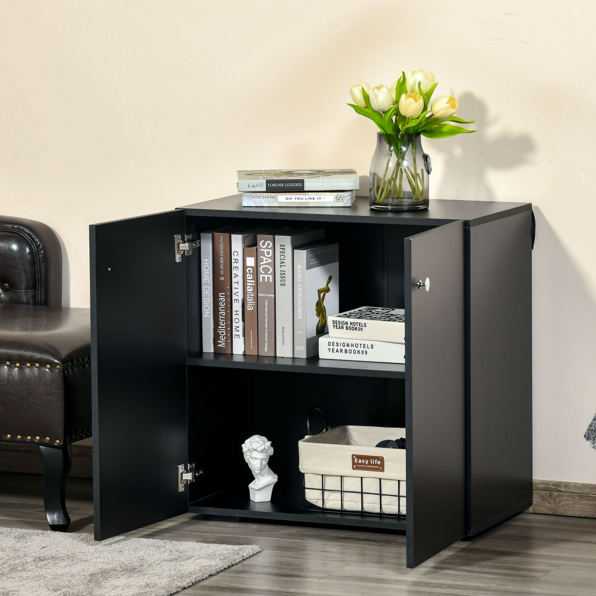 HOMCOM Freestanding Storage Cabinet with 2 Shelves – Wooden Sideboard for Bedroom or Office, Black