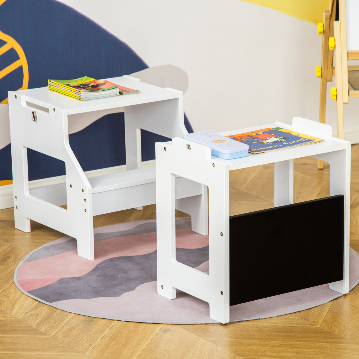 2-in-1 Kids Kitchen Step Stool & Table – Learning Tower with Safety Rail & Chalkboard