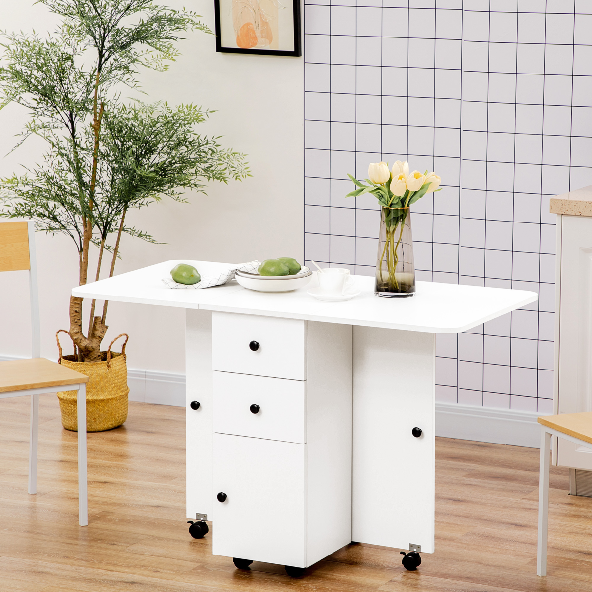 HOMCOM Folding Drop Leaf Dining Table with Storage Drawers – Space-Saving Dining & Sideboard, White