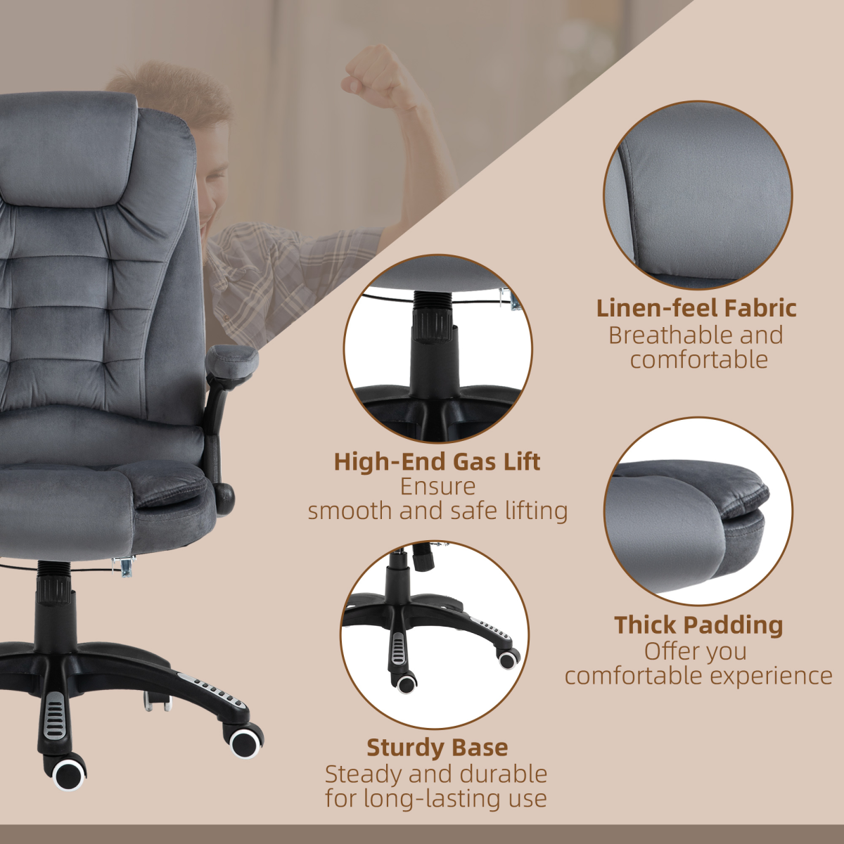 Executive Reclining Office Chair with Heated Massage, Padded Headrest & Swivel Base – Home Office, Grey