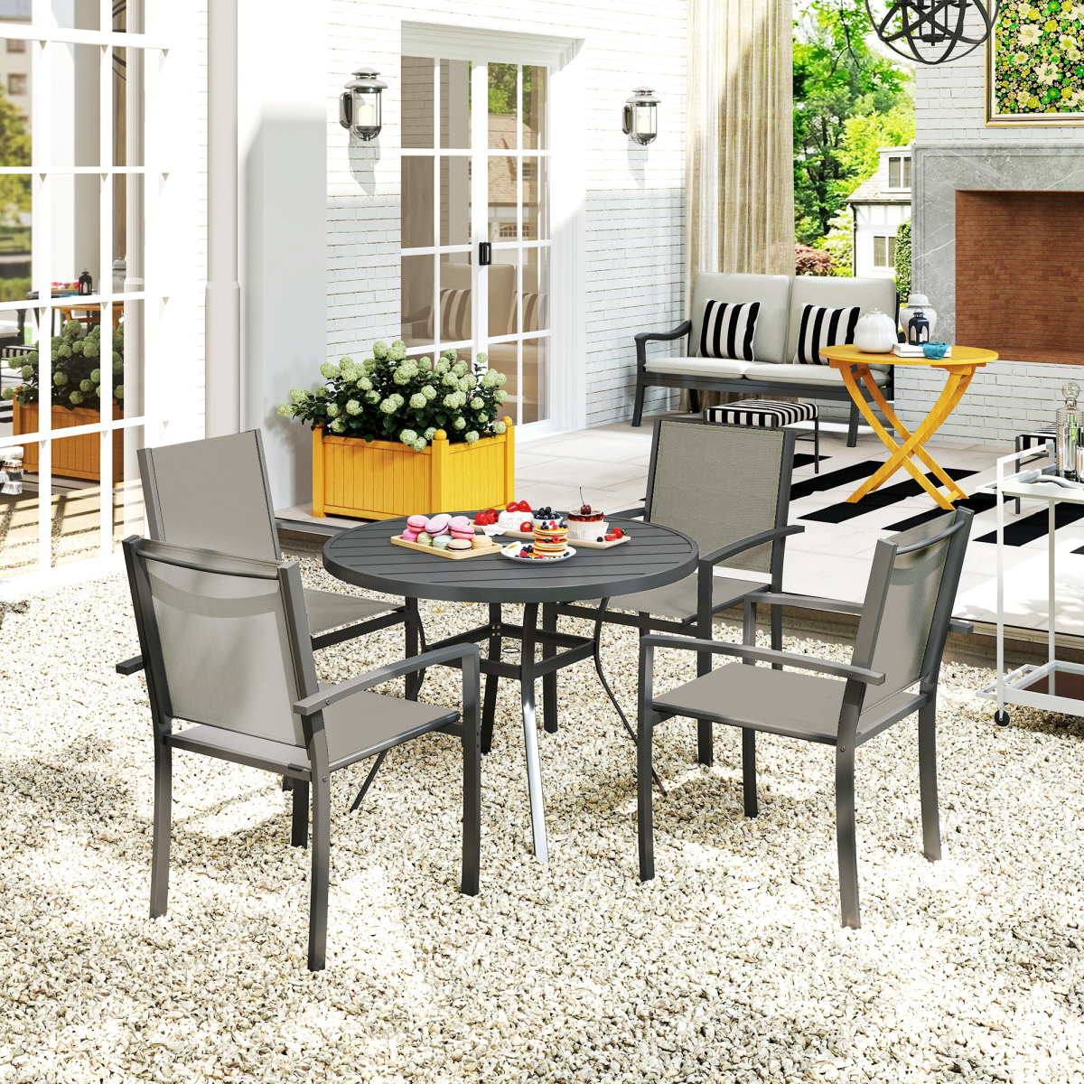 Outsunny 5-Piece Garden Dining Set with Round Table & 4 Stackable Chairs – Patio Furniture, Dark Grey