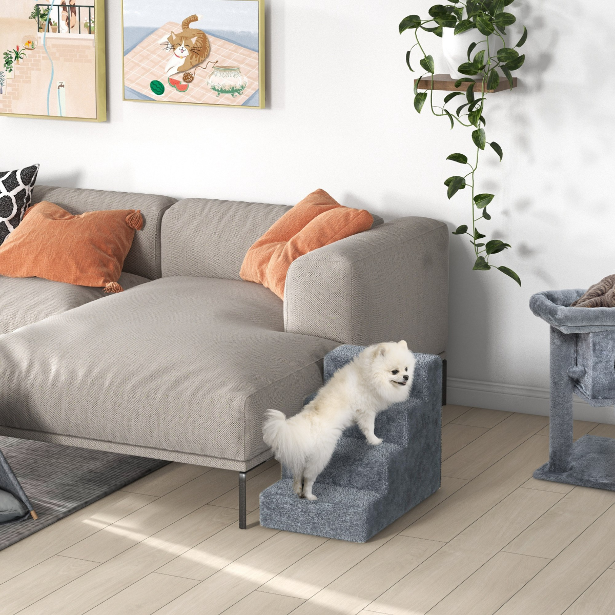 PawHut Portable Dog Stairs with Washable Plush Cover – Pet Steps for High Beds and Sofas, Light Grey