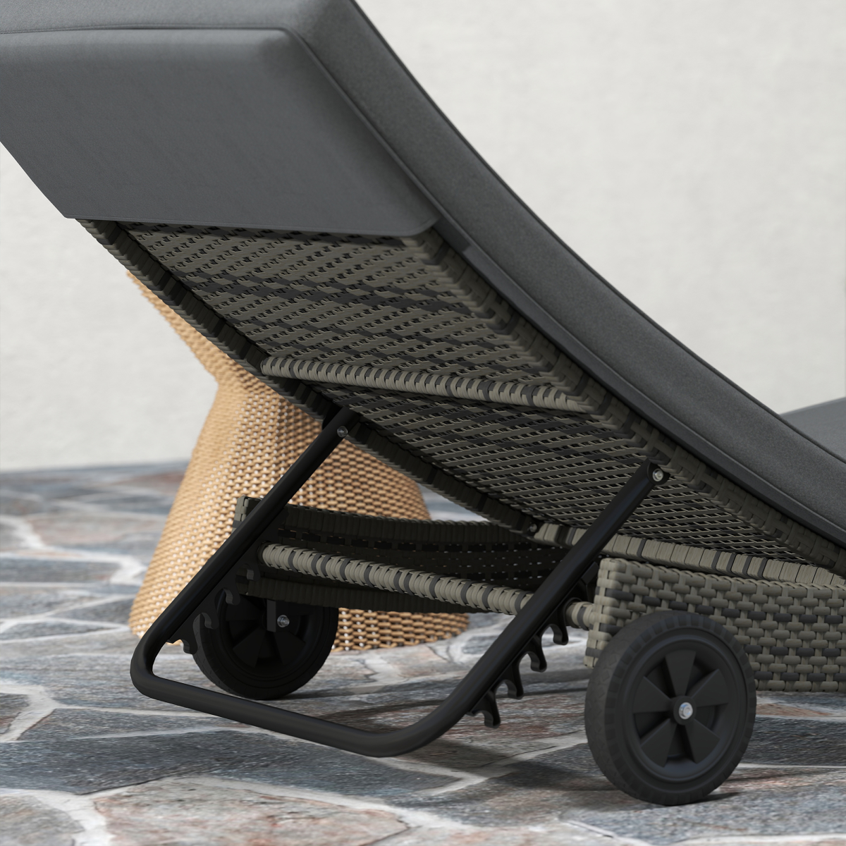 Outsunny Rattan Sun Lounger with 5-Level Reclining Back & Wheels – Outdoor Garden Recliner, Dark Grey