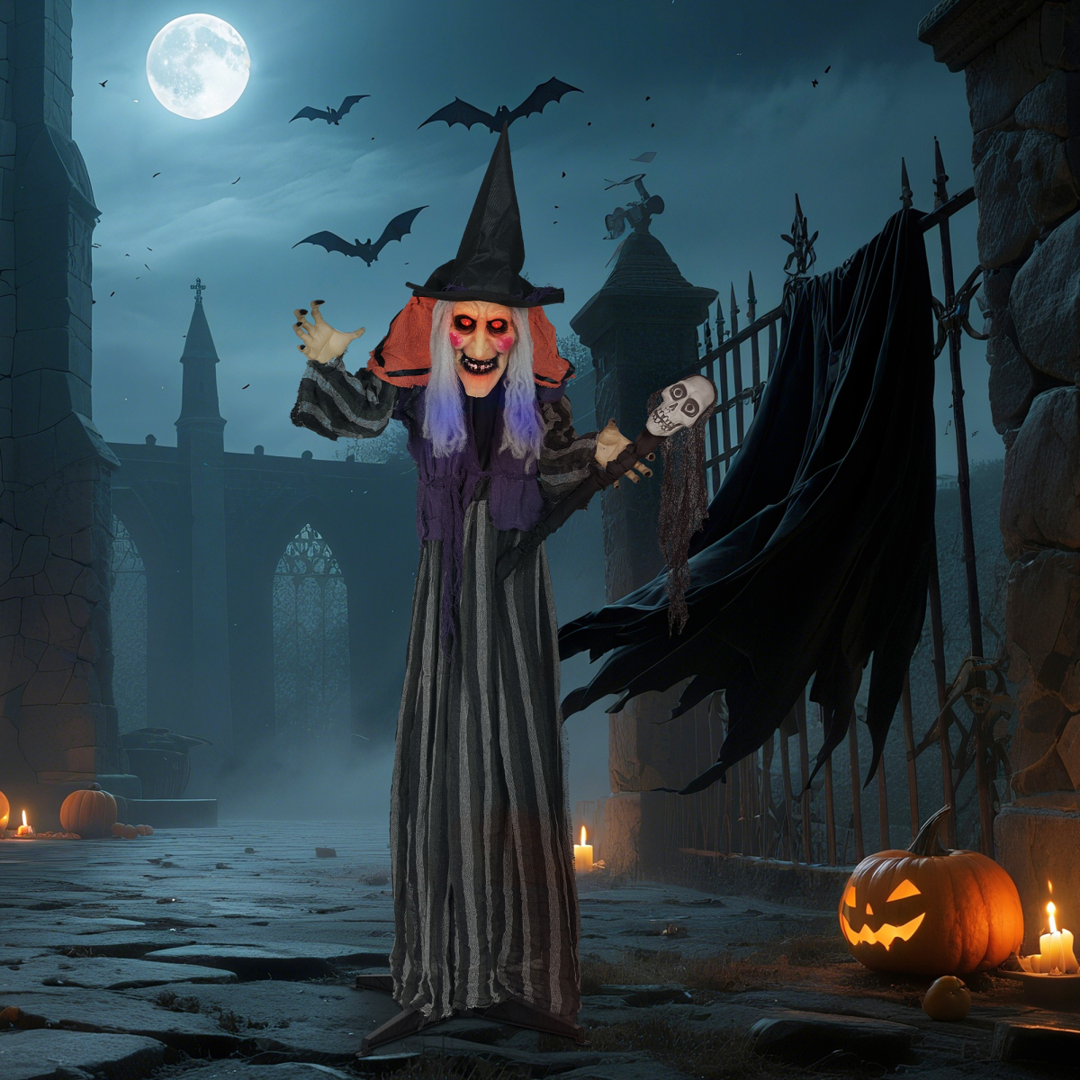 Outsunny Voice Activated Halloween Animatronic Standing Witch with Skull Staff – 160 cm Life-Size