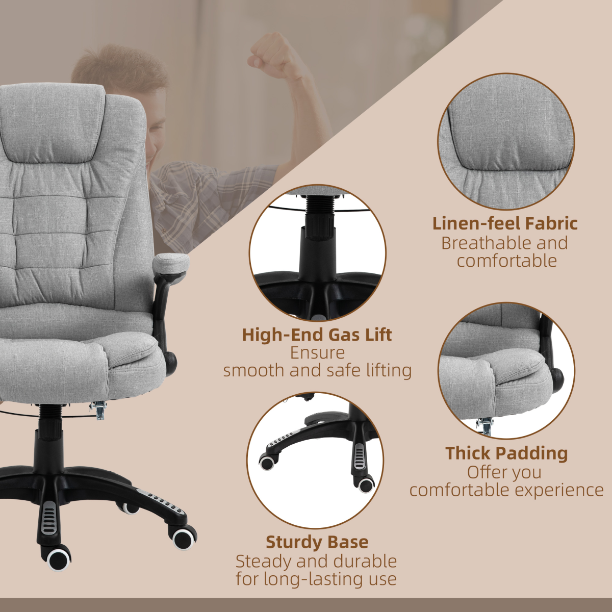Executive Reclining Office Chair with Heated Massage, Padded Headrest – Height Adjustable Swivel Chair, Grey