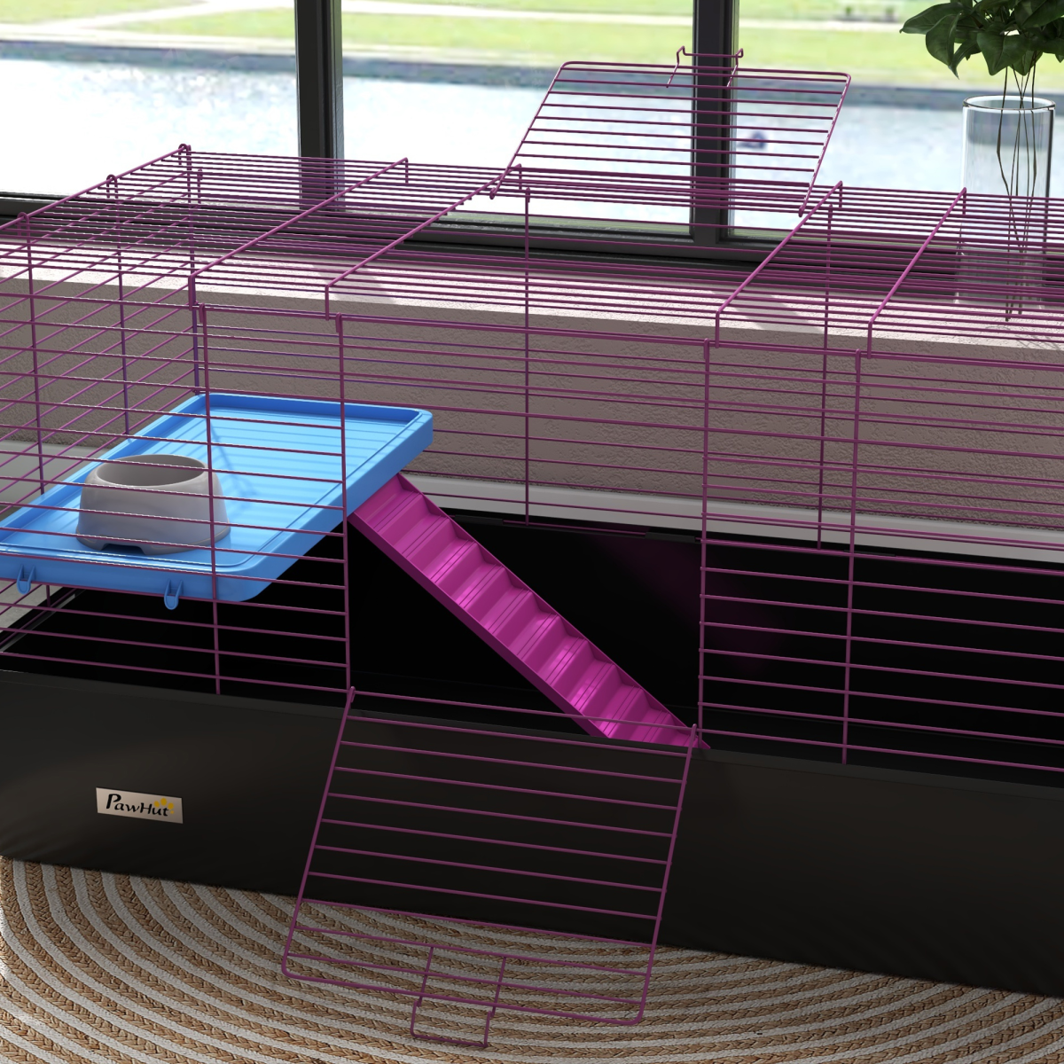 PawHut Small Animal Cage with Platform, Ramp and Hay Feeder – Rabbit and Guinea Pig Hutch Playhouse, Black