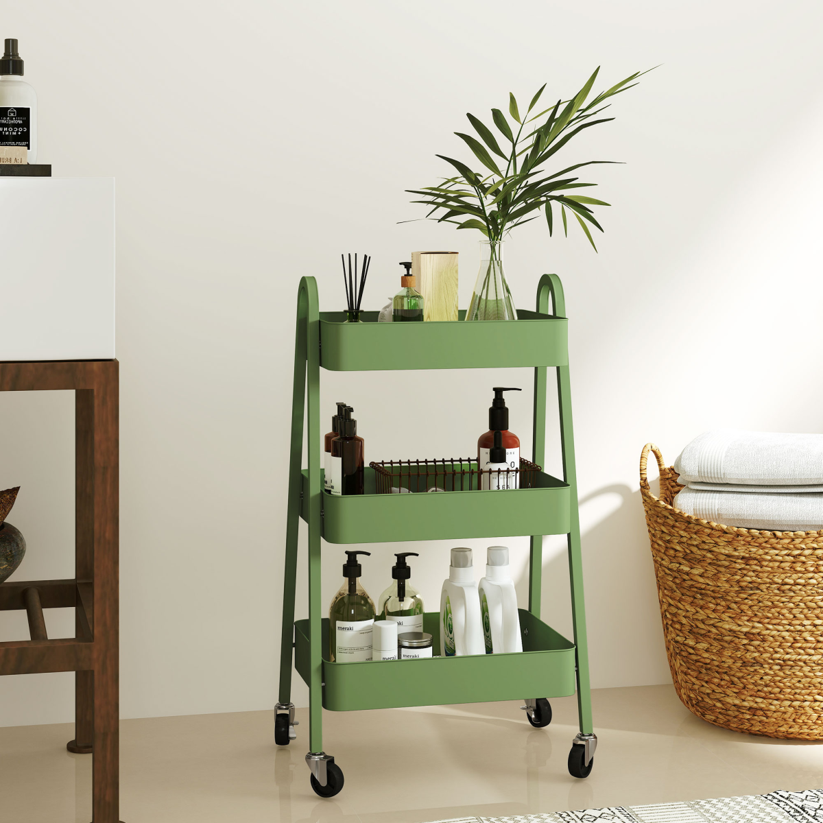 HOMCOM 3-Tier Rolling Utility Cart with Mesh Trays – Kitchen Storage Trolley, Green