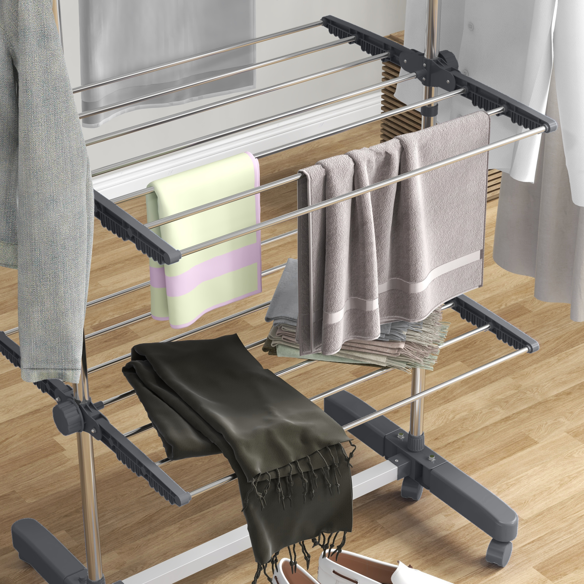 HOMCOM 4-Tier Stainless Steel Clothes Airer with Adjustable Shelves – Foldable Indoor and Outdoor Drying, Grey