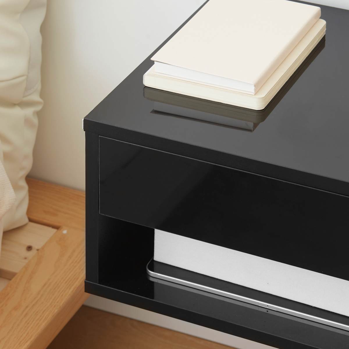 HOMCOM Set of 2 Floating Wall-Mounted Bedside Tables with Drawer – Space-Saving Bedroom Storage, Black