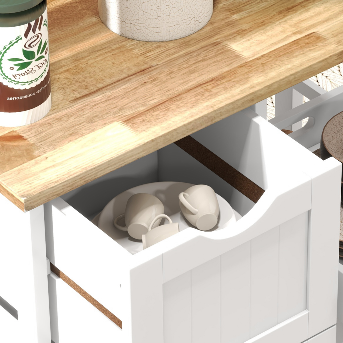 HOMCOM Rolling Kitchen Island & Bar Serving Cart with 3 Drawers & 2 Shelves – Wooden Worktop, White