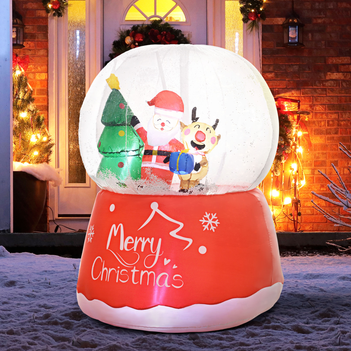 Outsunny 5.5ft Christmas Inflatable Snow Globe with Santa, Reindeer & Tree, LED Lights – Outdoor, Red