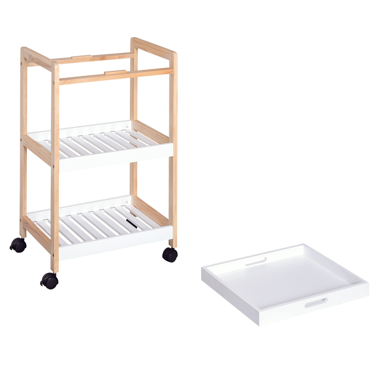 HOMCOM 3-Tier Bamboo Kitchen Serving Trolley on Wheels – Mobile Storage with Push Handle