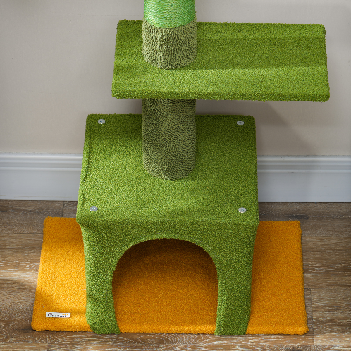 PawHut 230-275cm Floor-to-Ceiling Cat Tree for Indoor Cats with Cat House, Hammock & Anti-Tip Kit – Green