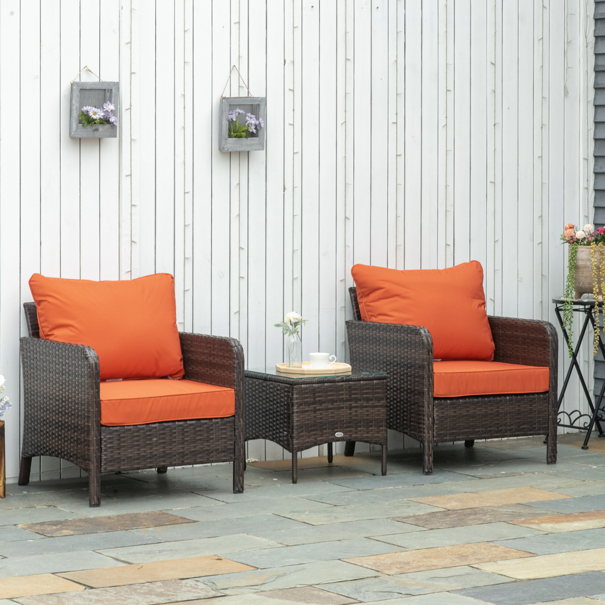 Outsunny 2 Seater PE Rattan Garden Furniture Set with Glass Top Table – Patio Conversation Set, Brown