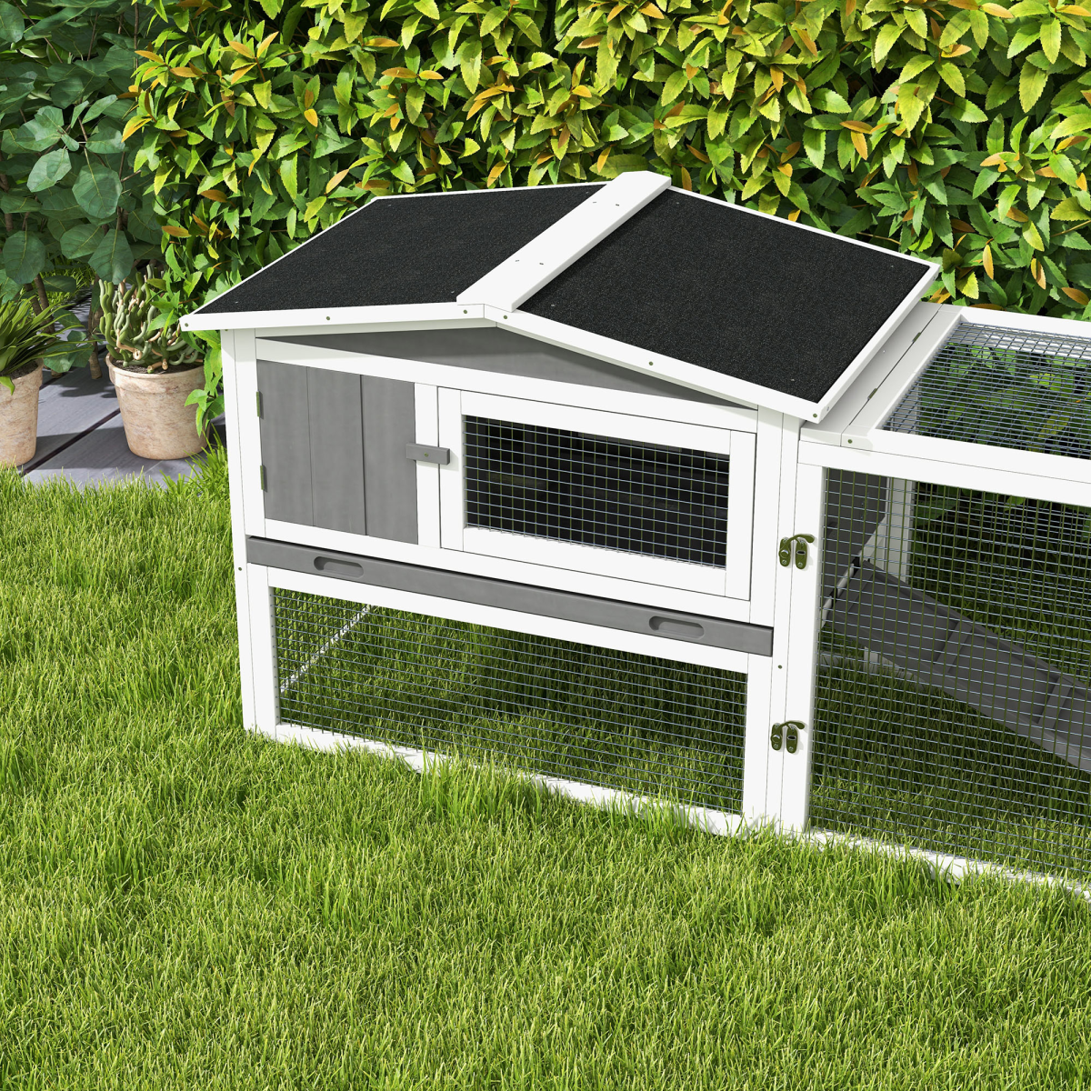 PawHut Outdoor Rabbit Hutch and Run with Sliding Tray, Hay Rack & Ramp, 156 x 58 x 68cm – Fir Wood, Light Grey