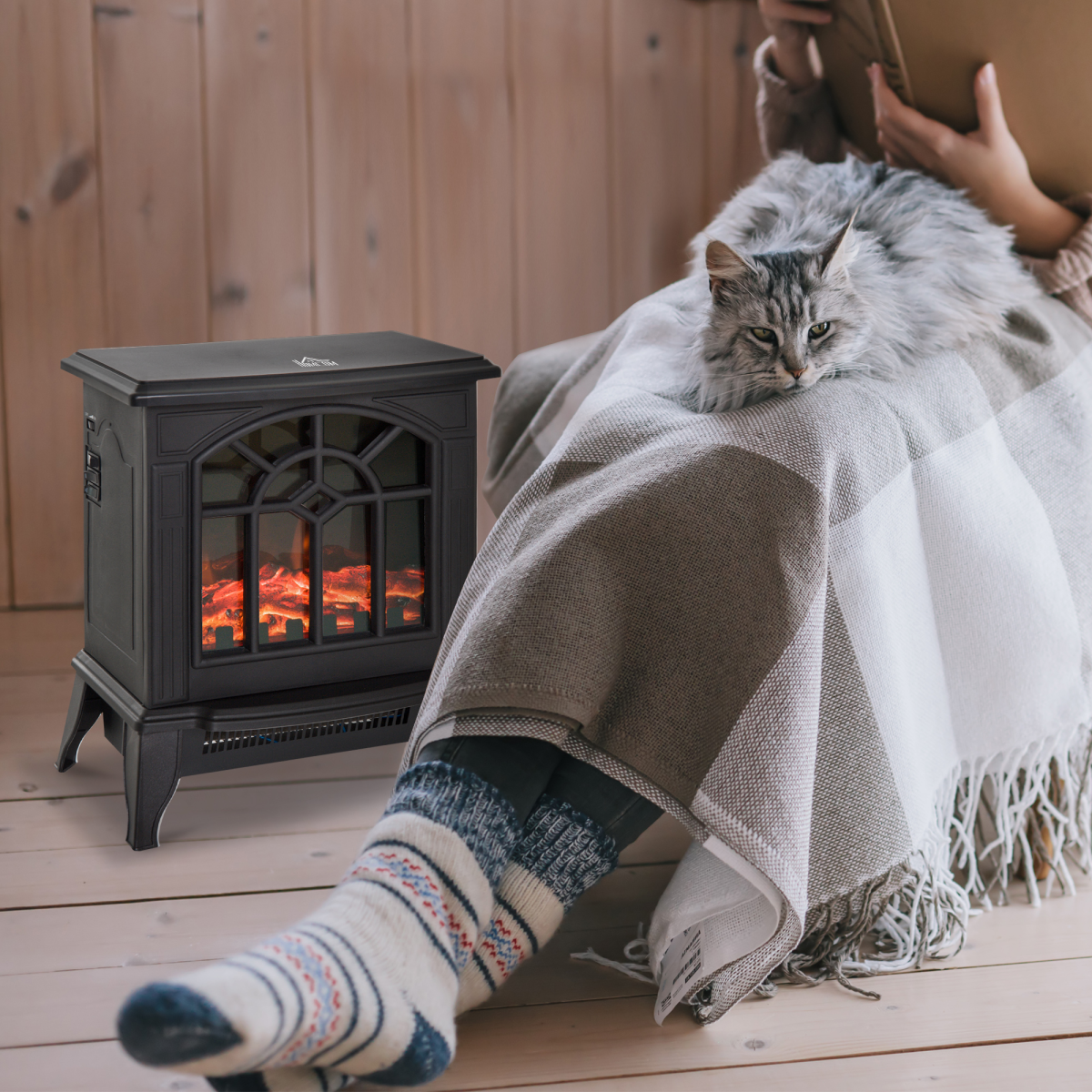 HOMCOM Electric Heater, 1000W/2000W with LED Charcoal Flame Effect & Thermostat – Cast Metal, Black
