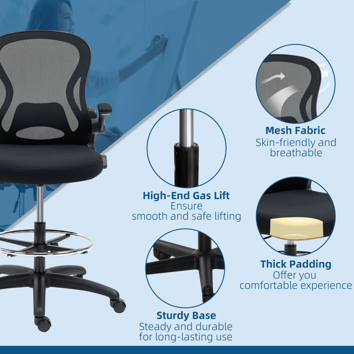 Vinsetto Tall Draughtsman Chair with Flip-Up Arms & Footrest Ring – Drafting Stool, Black