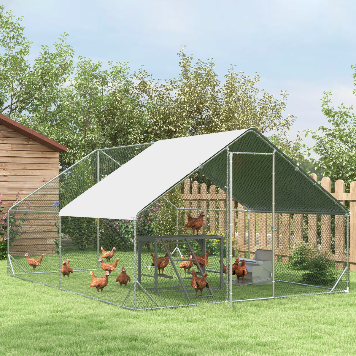 PawHut Walk-In Chicken Run with Galvanised Frame & Cover, 3 x 4 x 2m – Large Chicken Coop for 8–12 Chickens