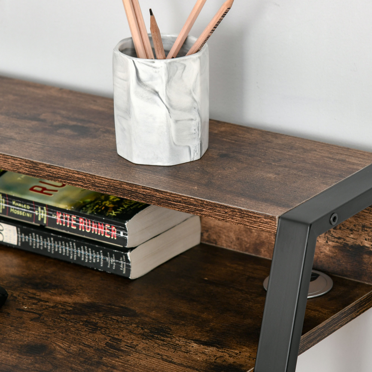 HOMCOM Writing Desk with Two-Tier Worktop and Storage Shelf – Home Office Computer Workstation, Rustic Brown
