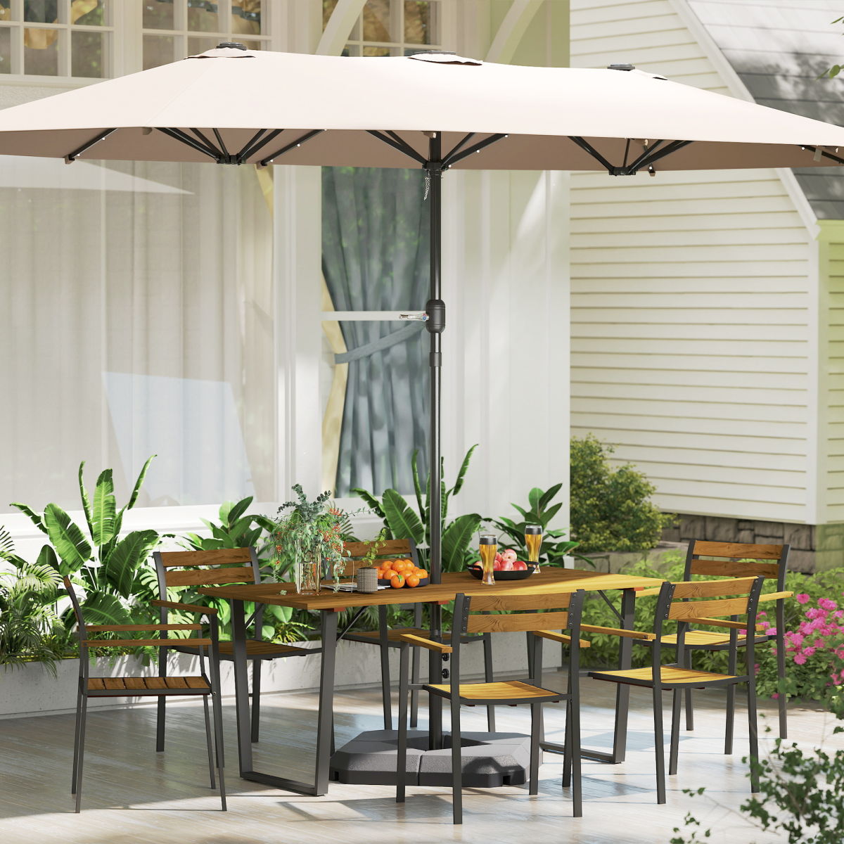Outsunny 7 Piece Garden Dining Set with Table & 6 Stackable Chairs, Parasol Hole – Steel & Fir Wood, Brown