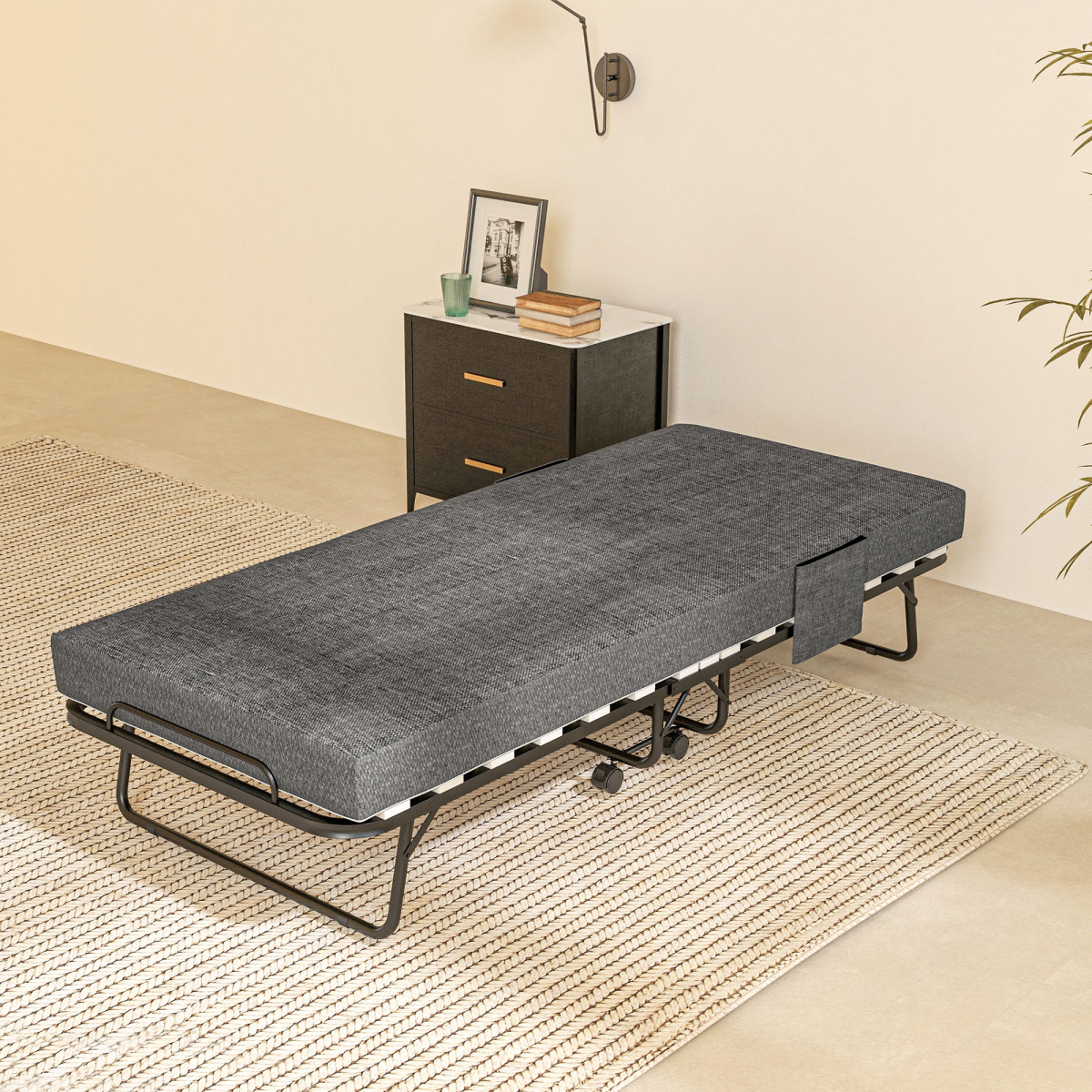 HOMCOM Folding Guest Bed with Mattress, Wheels & Dust Cover – Compact Spare Bed, Dark Grey