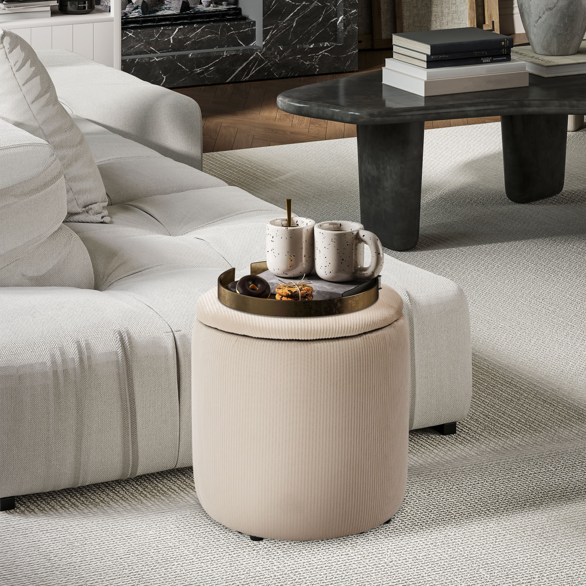 HOMCOM Set of 2 Fabric Storage Ottomans with Removable Lids – Hidden Storage and Extra Seating, Cream White