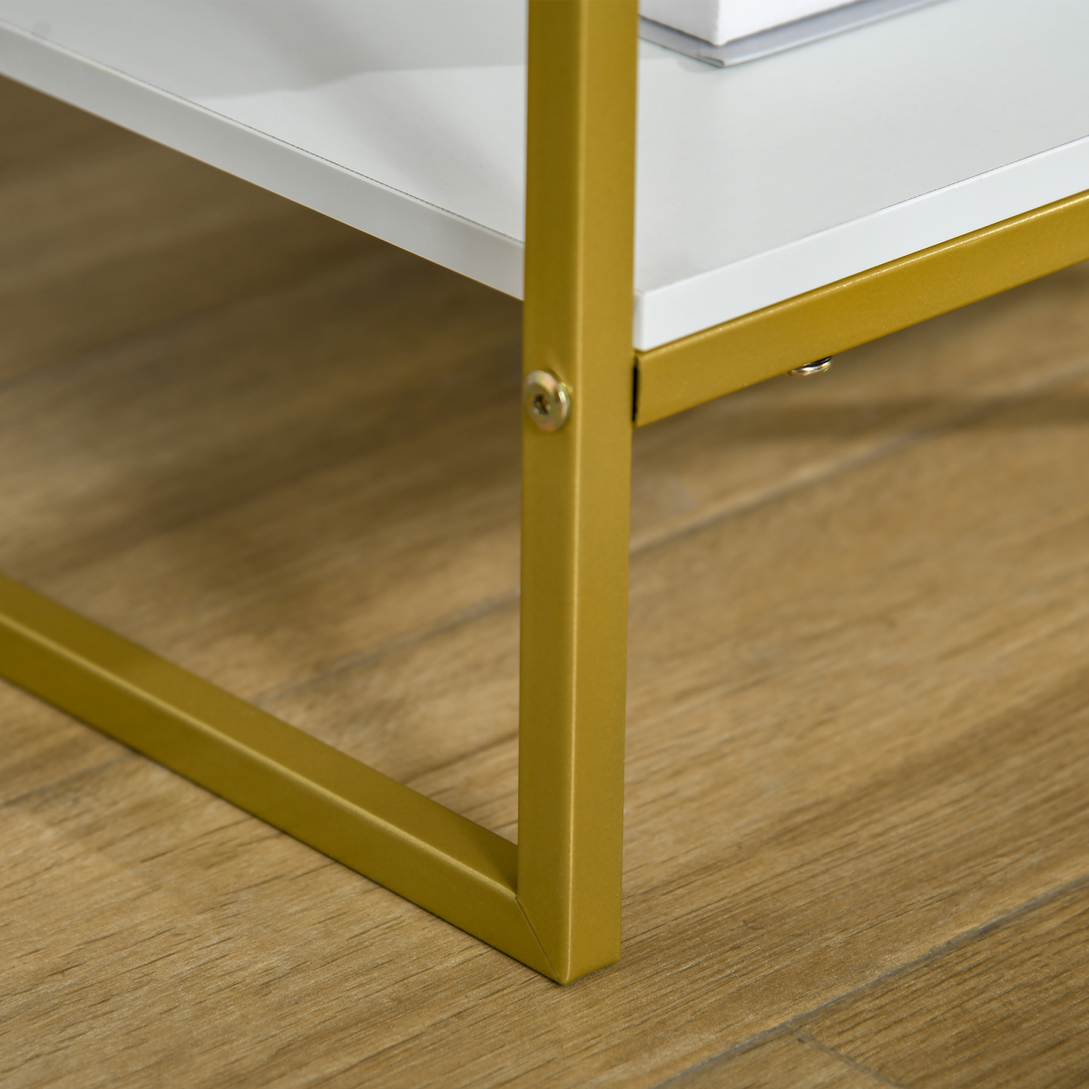 Modern Bedside Table with Drawer and Bottom Shelf – Gold-Tone Metal Frame Nightstand, White