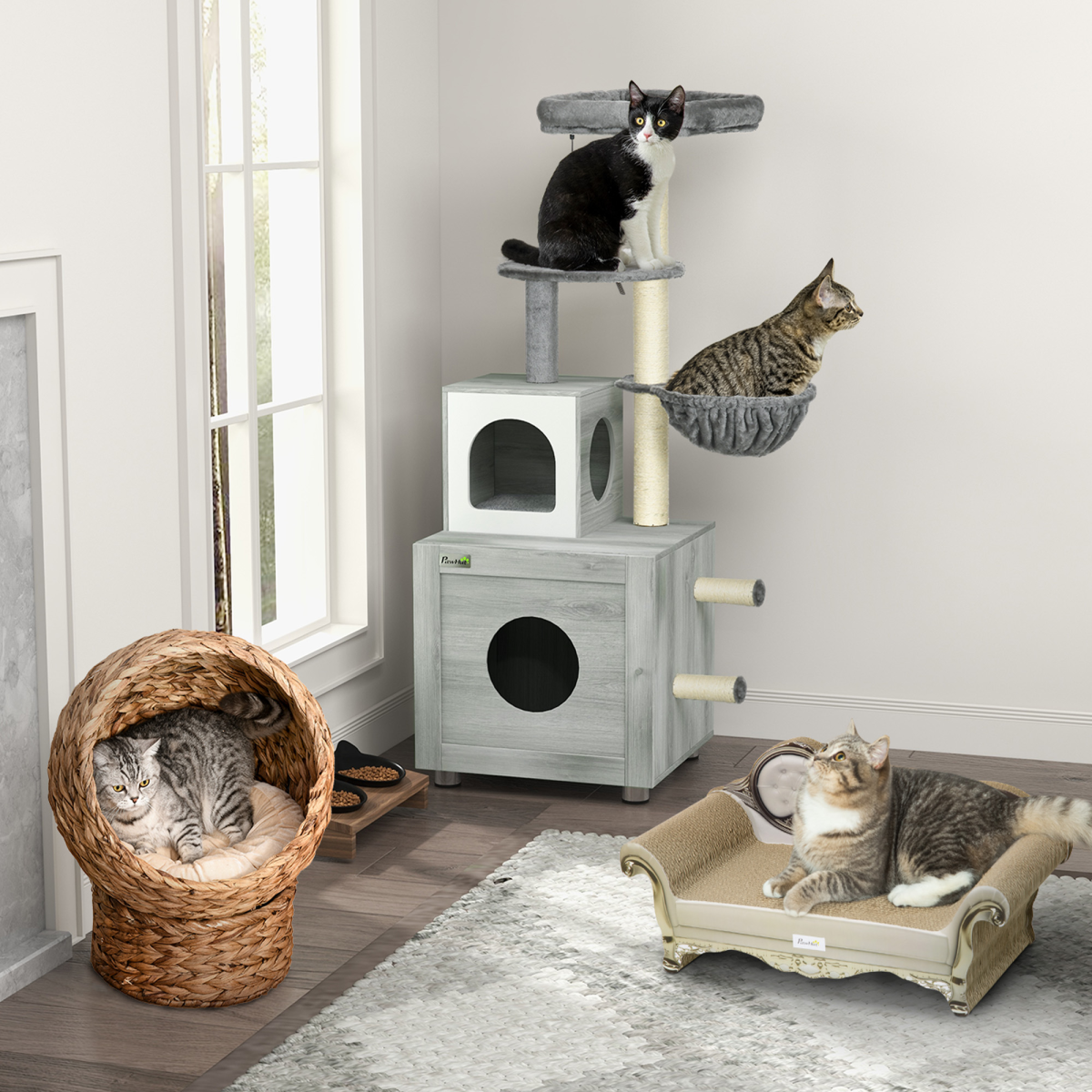 PawHut Cat Litter Box Enclosure with Cat House, Bed, Scratching Posts and Platform – 2-in-1 Cat Tree, Grey