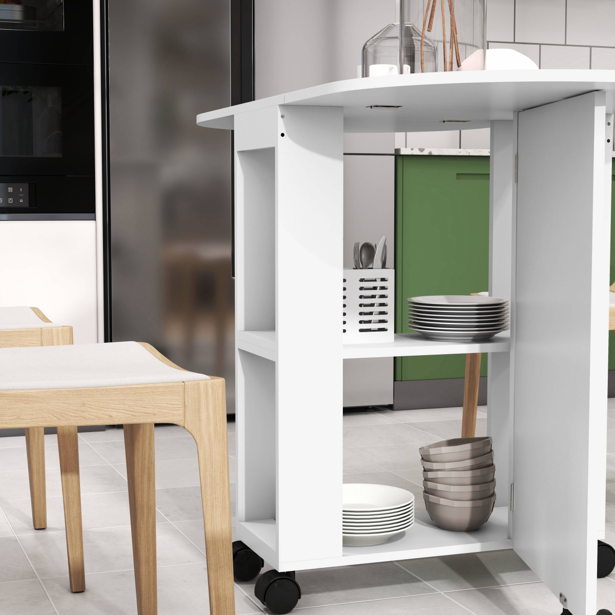 HOMCOM Folding Drop Leaf Dining Table with 2-Tier Shelves and Wheels – Space-Saving Kitchen Table, White