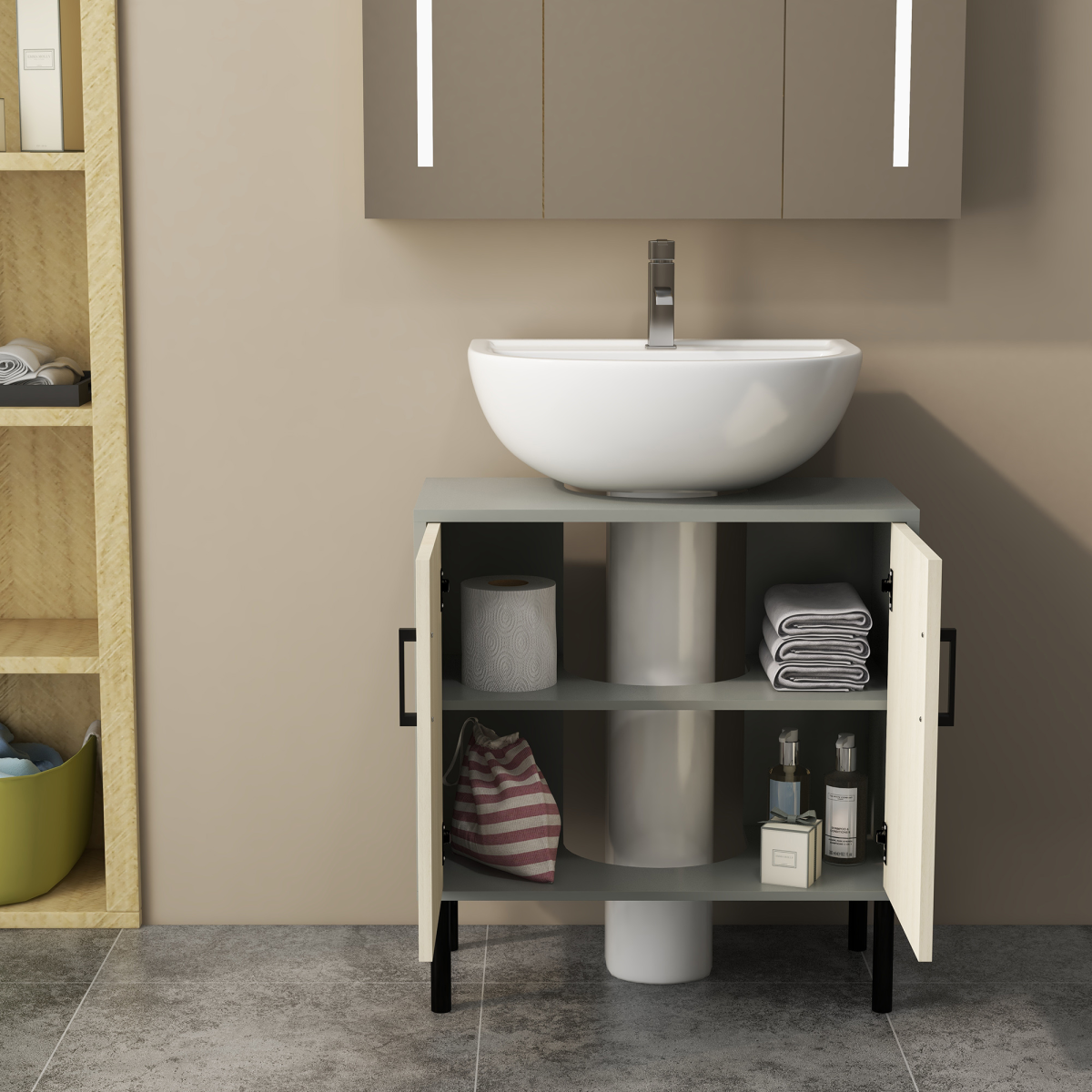 kleankin Under Sink Bathroom Basin Cabinet with Shelf and U-Shaped Cut-Out – Cloakroom Storage