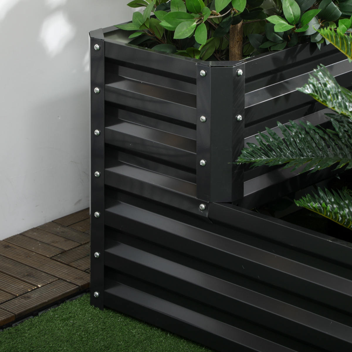 Outsunny 2 Tier Galvanised Steel Raised Garden Bed Planter Box – Open-Bottom Planter for Herbs & Flowers, Dark Grey