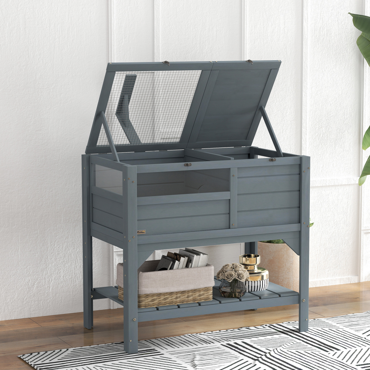 PawHut Wooden Tortoise House with Run, Shelter, Bottom Shelf & Lamp Holder – Habitat, Grey