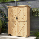 Outsunny Wooden Garden Tool Storage Cabinet with Double Doors, Shelves and Asphalt Roof – Fir Wood, Natural