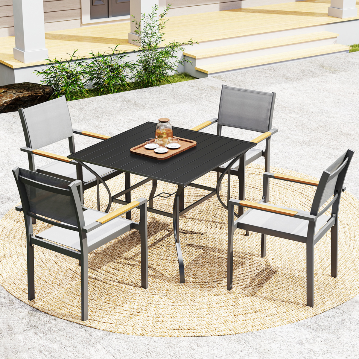 Outsunny Square Garden Table for 4 with Parasol Hole – Slatted Metal Top, Powder-Coated Steel Frame