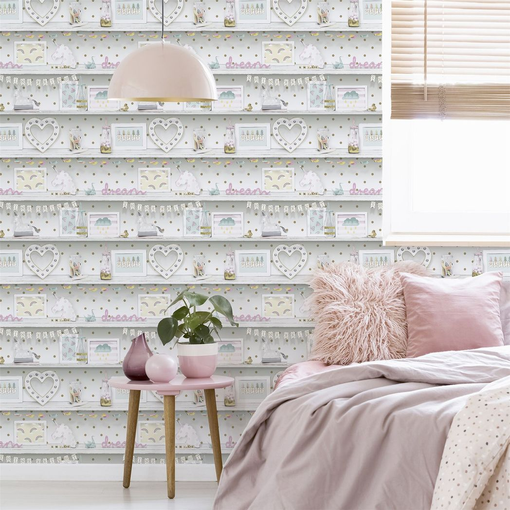 Arthouse Girl's Life Wallpaper with Hearts, Rainbows & Flamingos – Glitter Gel Bedroom Feature Wall, Multi