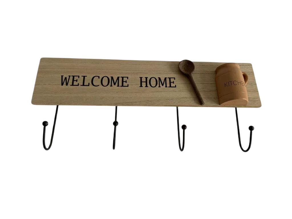 AcaciaHome Wall Mounted Wooden Cup Holder Rack with 4 Iron Hooks – Floating MDF Mug & Key Organiser, Beige