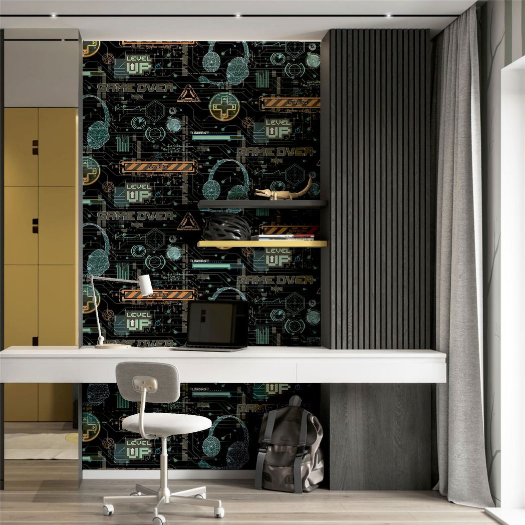 Arthouse Gamer Wallpaper with Video Glitch Graphics & Neon Signs – Paste the Paper Games Room, Multicolour