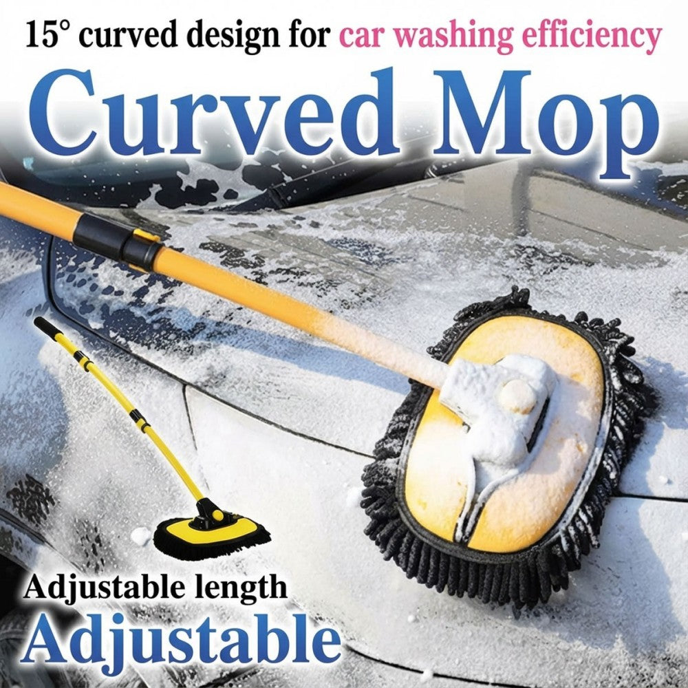 Telescopic Car Wash Brush Kit with Long Handle and 2 Microfibre Mop Heads – 15° Curved, 90° Rotating